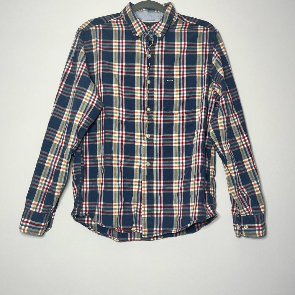 Men’s Hawkins McGill Blue Plaid Check L Cotton Button Up Shirt Long Sleeve